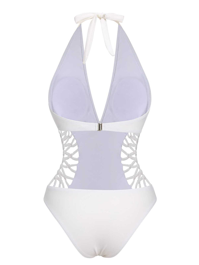 1930s Halter V-Neck Hollow One-Piece Swimsuit