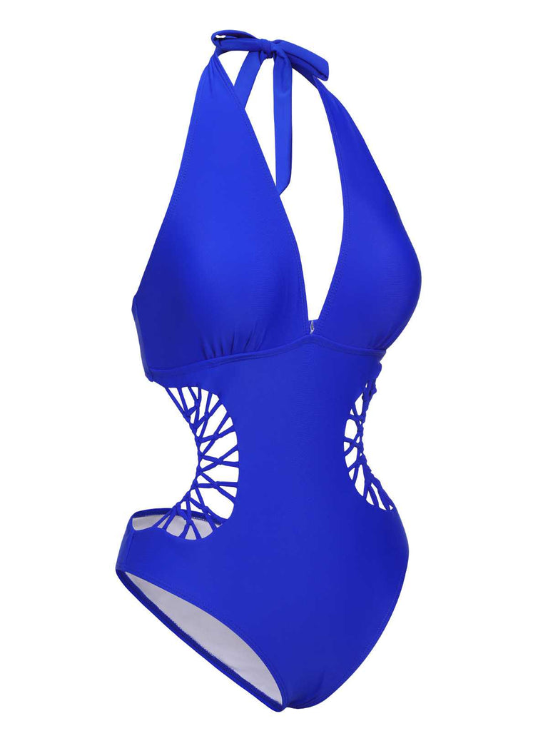 1930s Halter V-Neck Hollow One-Piece Swimsuit