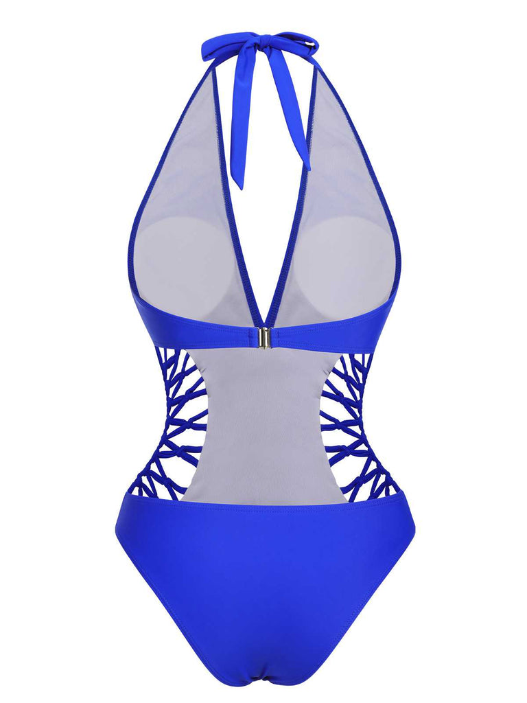 1930s Halter V-Neck Hollow One-Piece Swimsuit