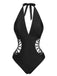 1930s Halter V-Neck Hollow One-Piece Swimsuit