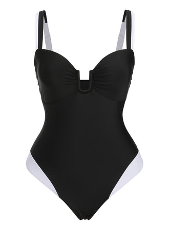 Black 1930s Spaghetti Strap One-Piece Swimsuit