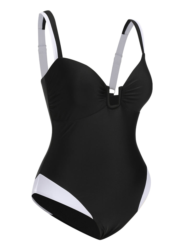 Black 1930s Spaghetti Strap One-Piece Swimsuit
