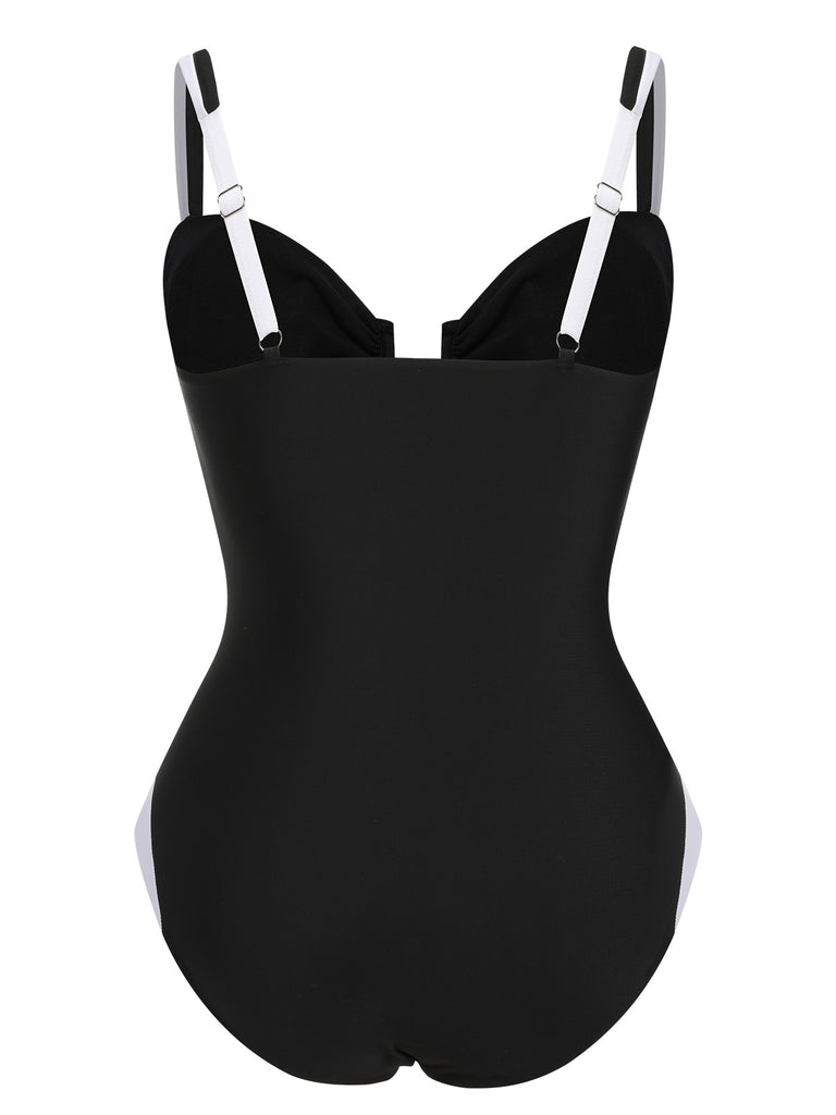 Black 1930s Spaghetti Strap One-Piece Swimsuit