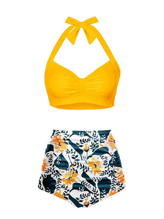 1940s Halter Pleated Solid Swimsuit