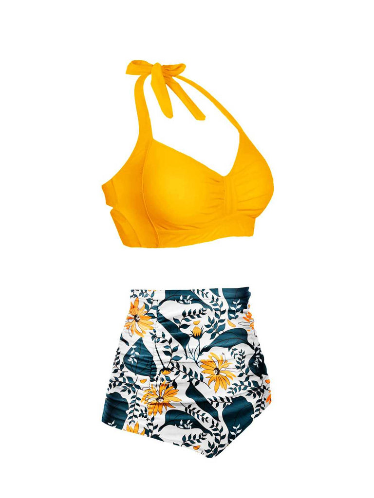 1940s Halter Pleated Solid Swimsuit