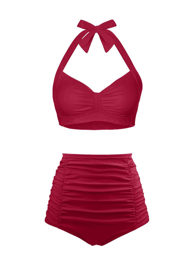 1940s Halter Pleated Solid Swimsuit