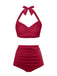 1940s Halter Pleated Solid Swimsuit