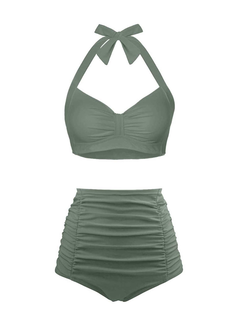 1940s Halter Pleated Solid Swimsuit