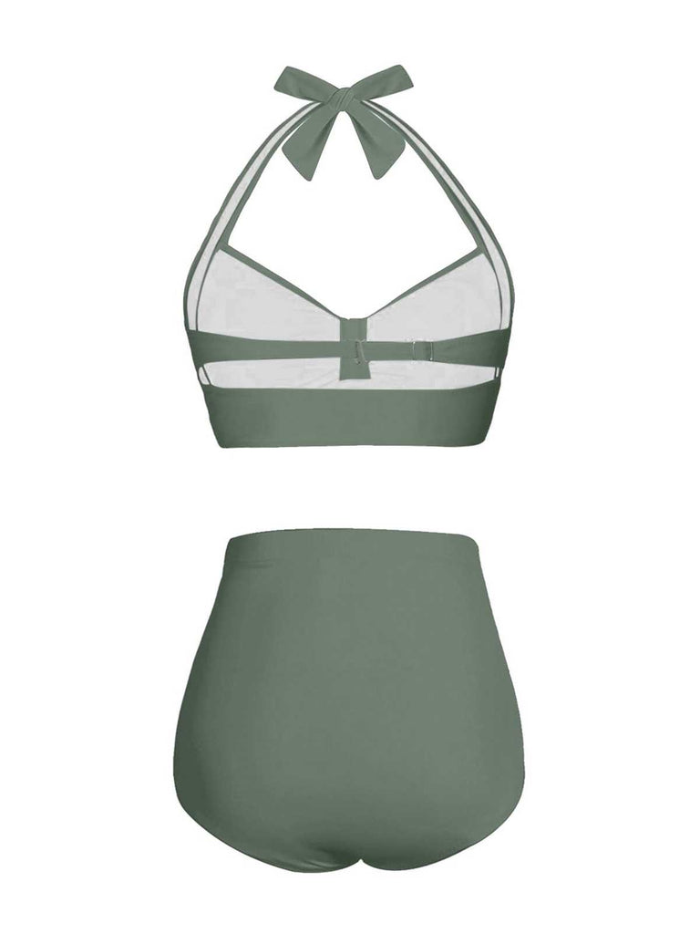 1940s Halter Pleated Solid Swimsuit