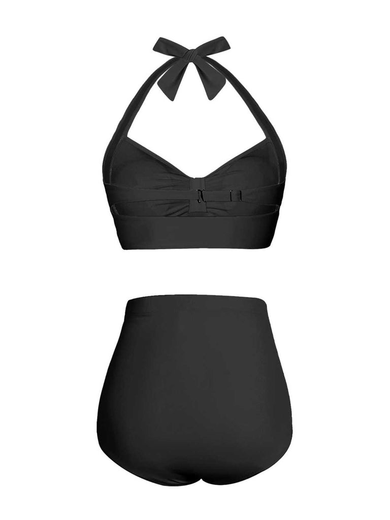 1940s Halter Pleated Solid Swimsuit