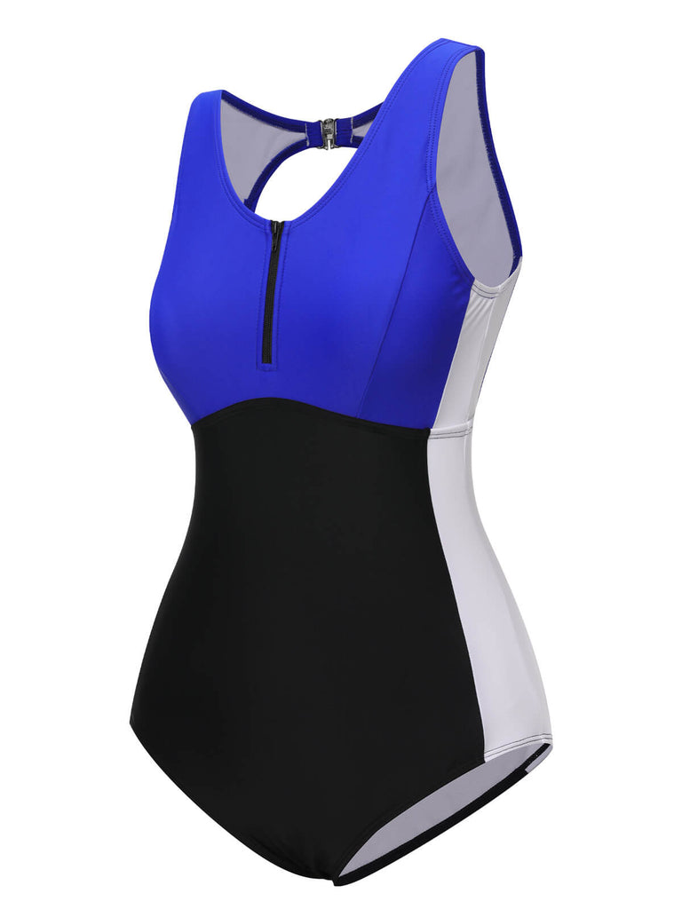 Blue Black White 1930s Color Block Swimsuit