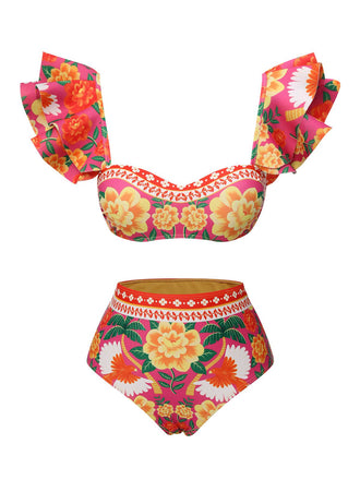 Red 1960s Ruffles Sleeves Flowers Swimsuit