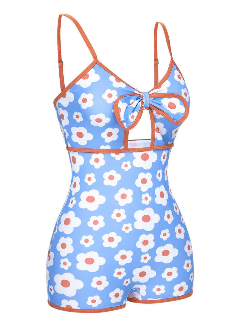 1930s Spaghetti Straps Cartoon Flowers Boxer Swimsuit