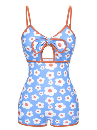1930s Spaghetti Straps Cartoon Flowers Boxer Swimsuit