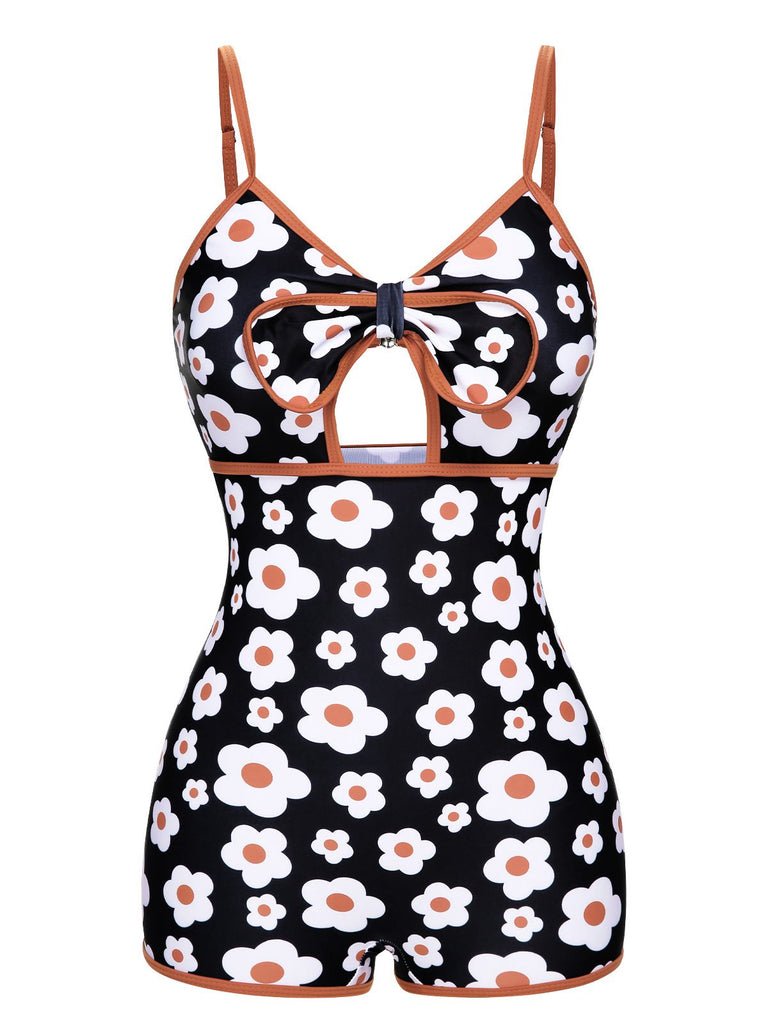 1930s Spaghetti Straps Cartoon Flowers Boxer Swimsuit