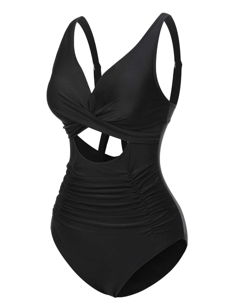 Black 1950s Strap Hollow One-Piece Swimsuit