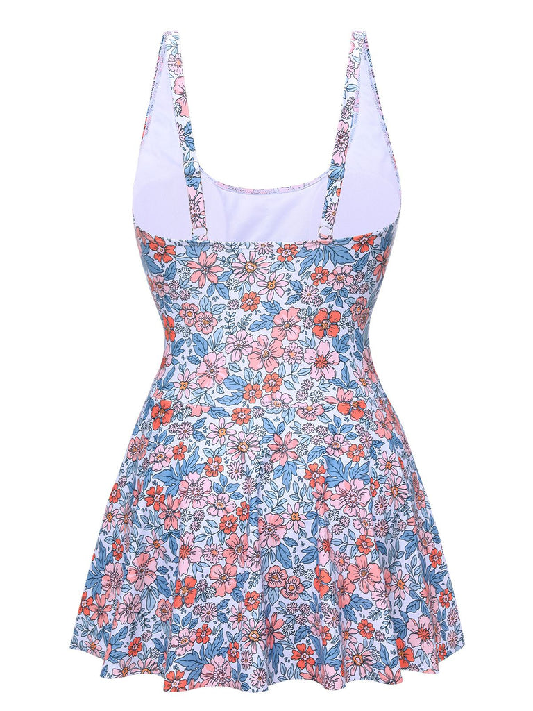 1950s Floral Knot Wide Strap Skirt Swimsuit