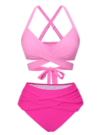 Pink 1960s Solid Strap Bandage Bikini Set