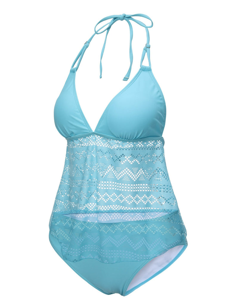 Light Blue 1930s Lace Hollow Halter Swimsuit