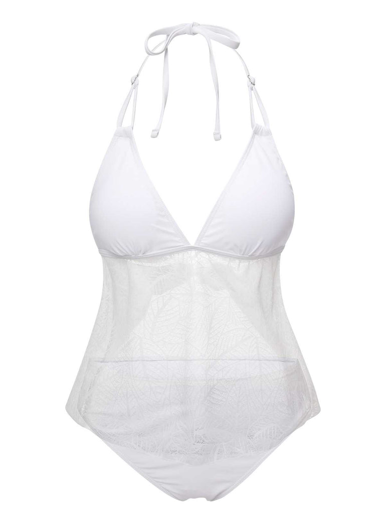 White 1930s Halter Backless Solid Swimsuit