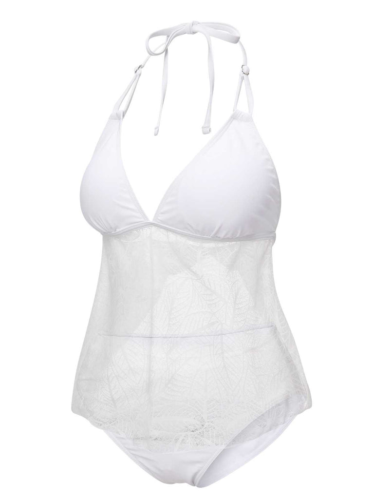White 1930s Halter Backless Solid Swimsuit