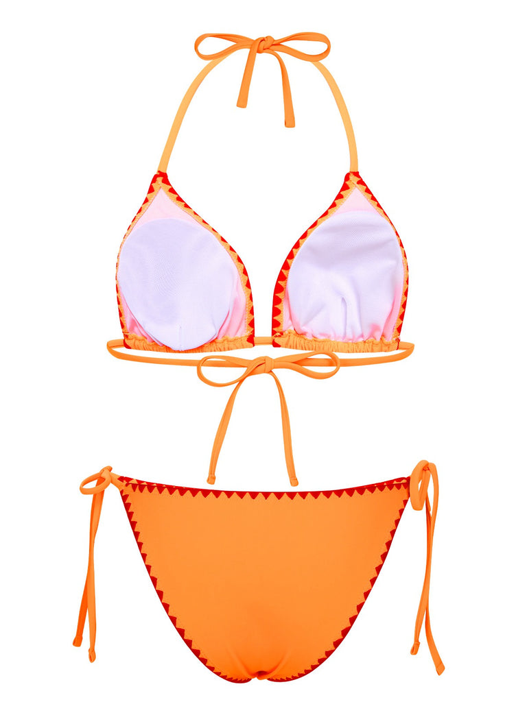 Orange Red 1930s Spaghetti Strap Halter Bind Bikini