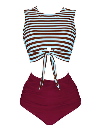 Blue & Red 1970s Striped Waist Tie Patchwork Swimsuit