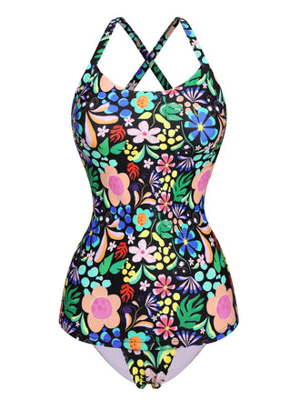 1970s Hippie Floral Strap One-Piece Swimsuit