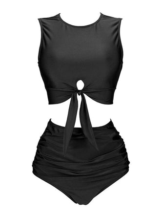 1950s Solid Lace-Up Crewl Neck Swimsuit
