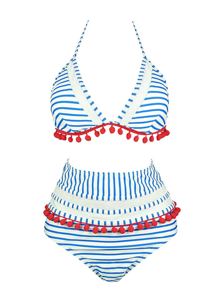 1970s Fur Ball Pendant Tassel Striped Swimsuit