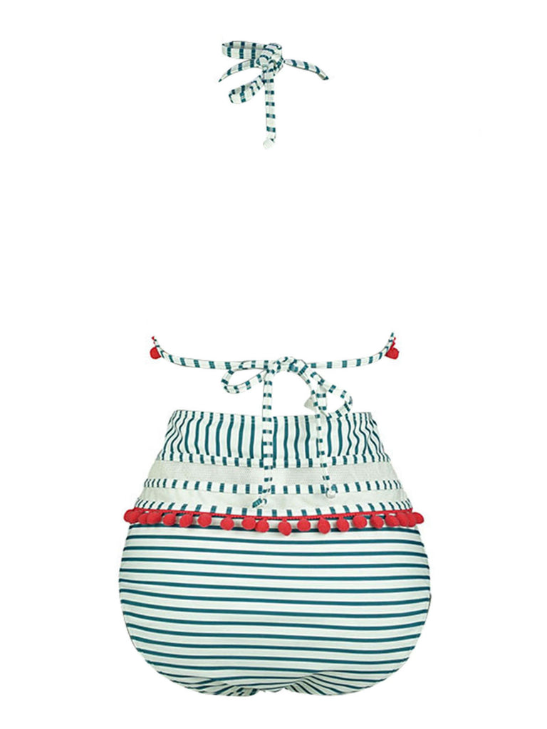 1970s Fur Ball Pendant Tassel Striped Swimsuit