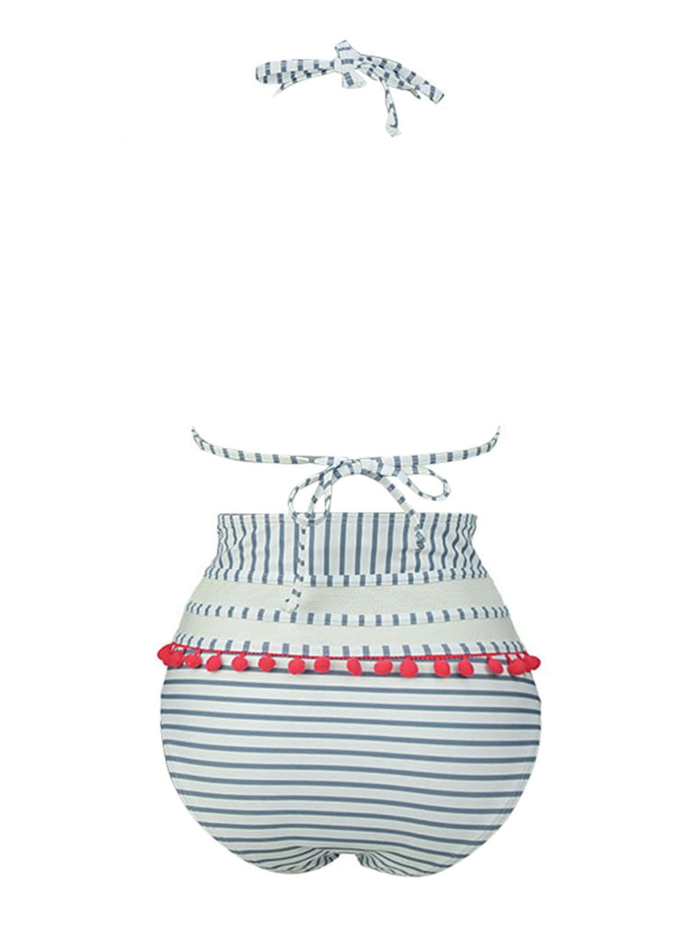 1970s Fur Ball Pendant Tassel Striped Swimsuit