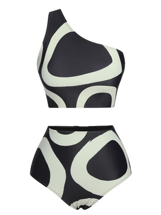 Black 1950s Geometric One-Shoulder Swimsuit