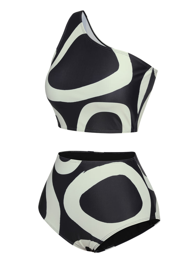 Black 1950s Geometric One-Shoulder Swimsuit