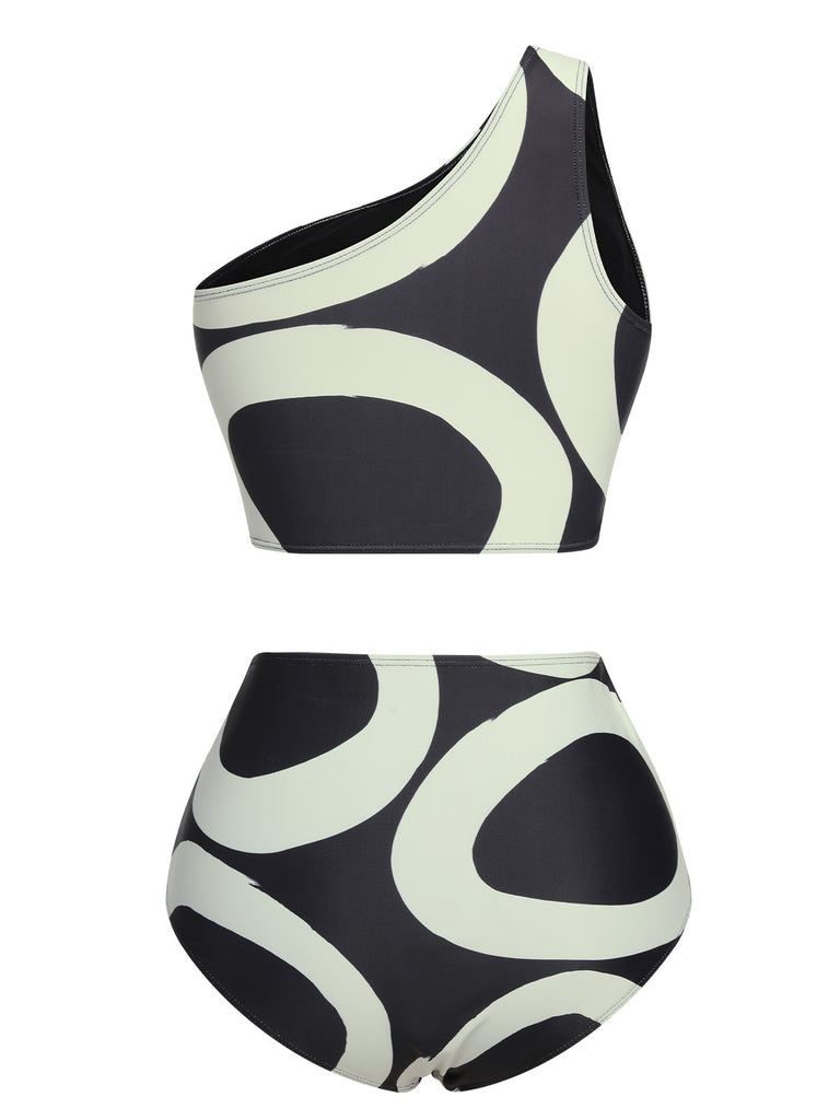 Black 1950s Geometric One-Shoulder Swimsuit