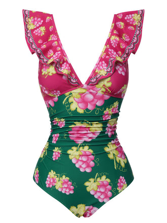 Retro 1950s Grape V-Neck Ruffle Sleeves Swimsuit