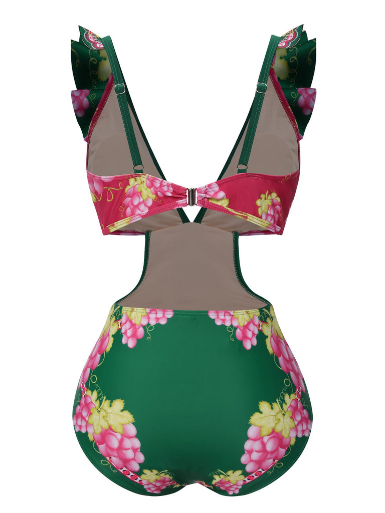 Green 1950s Retro-Flowers V-Neck Swimsuit