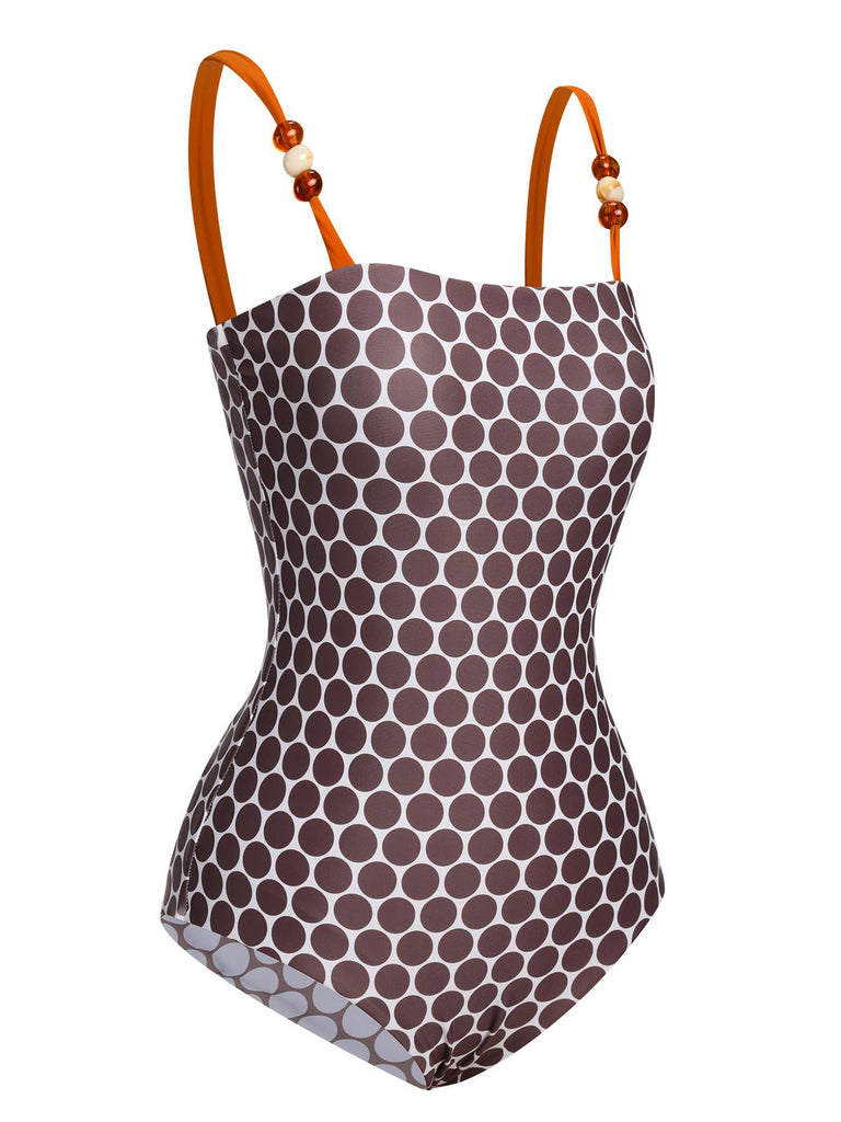 Brown 1930s Beads Straps Polka Dots Reversible Swimsuit