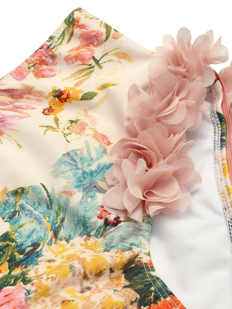 Pink 1950s 3D Lace Floral One-Shoulder Swimsuit