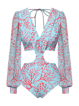 Blue 1970s V-Neck Backless Hollow Swimsuit