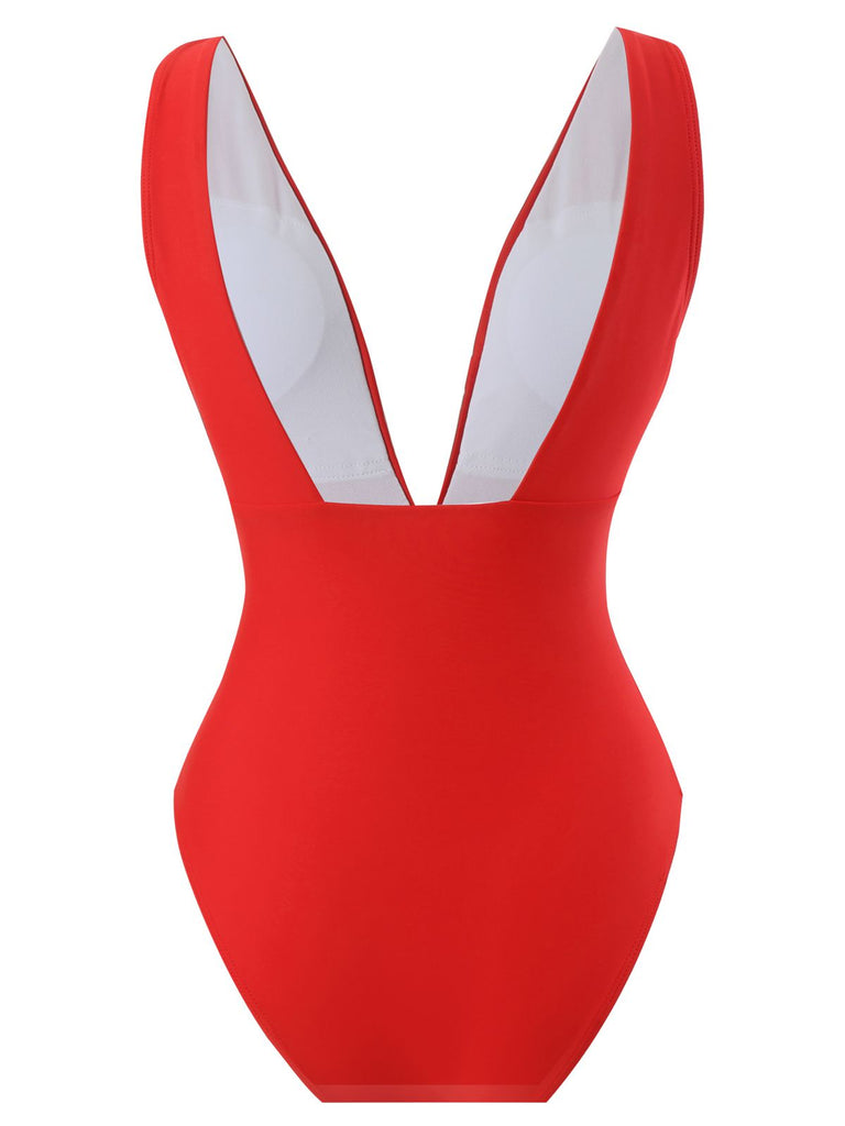 Red 1960s Solid 3D Flower Backless Swimsuit