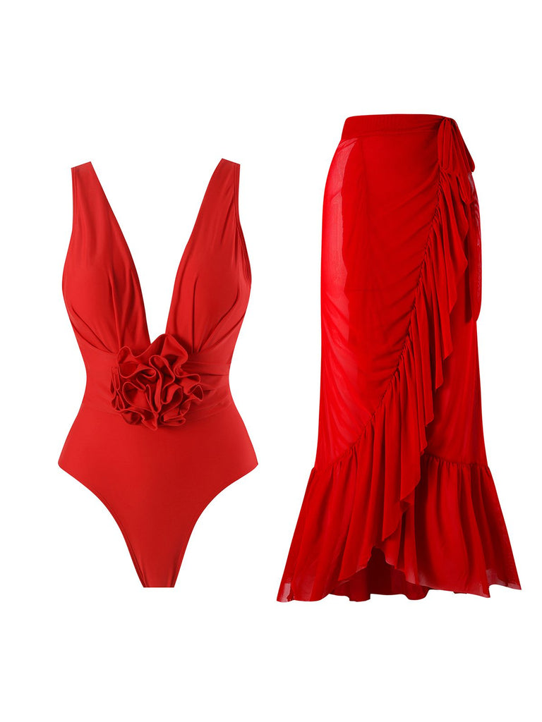 Red 1960s Solid 3D Flower Backless Swimsuit Retro Stage