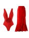 Red 1960s Solid 3D Flower Backless Swimsuit