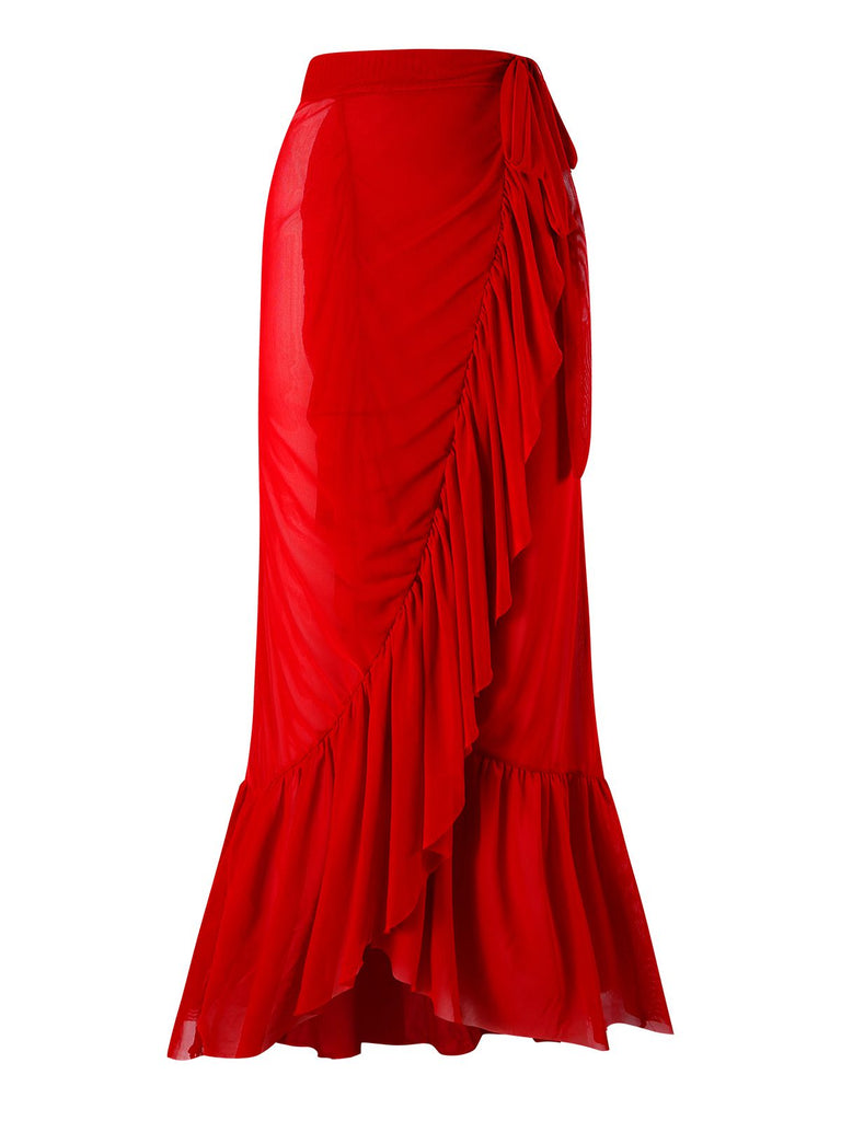 2PCS Red 1960s Solid 3D Flowers Swimsuit & Cover-Up