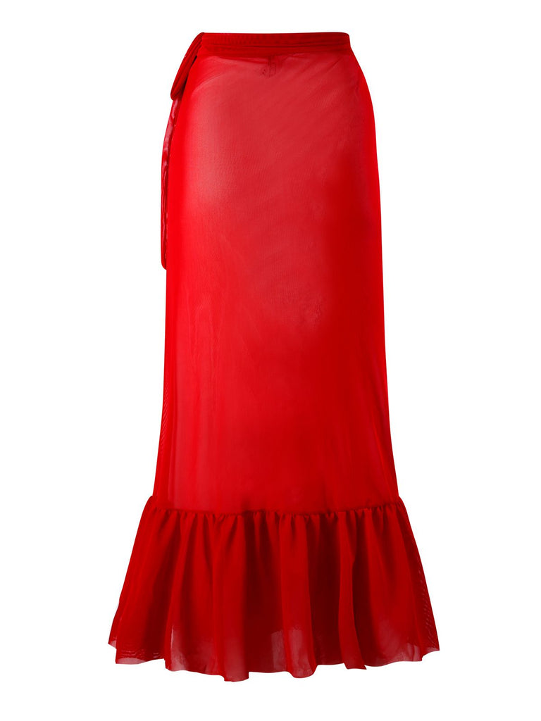 2PCS Red 1960s Solid 3D Flowers Swimsuit & Cover-Up