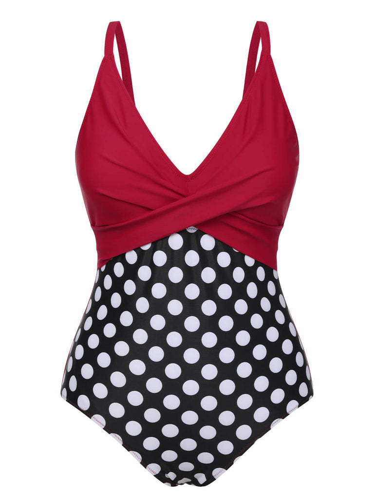 Red 1960s Polka Dot Patchwork Swimsuit