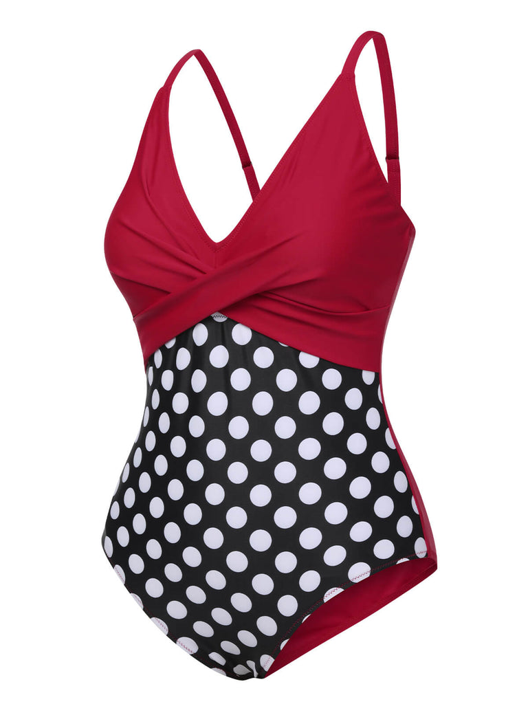 Red 1960s Polka Dot Patchwork Swimsuit