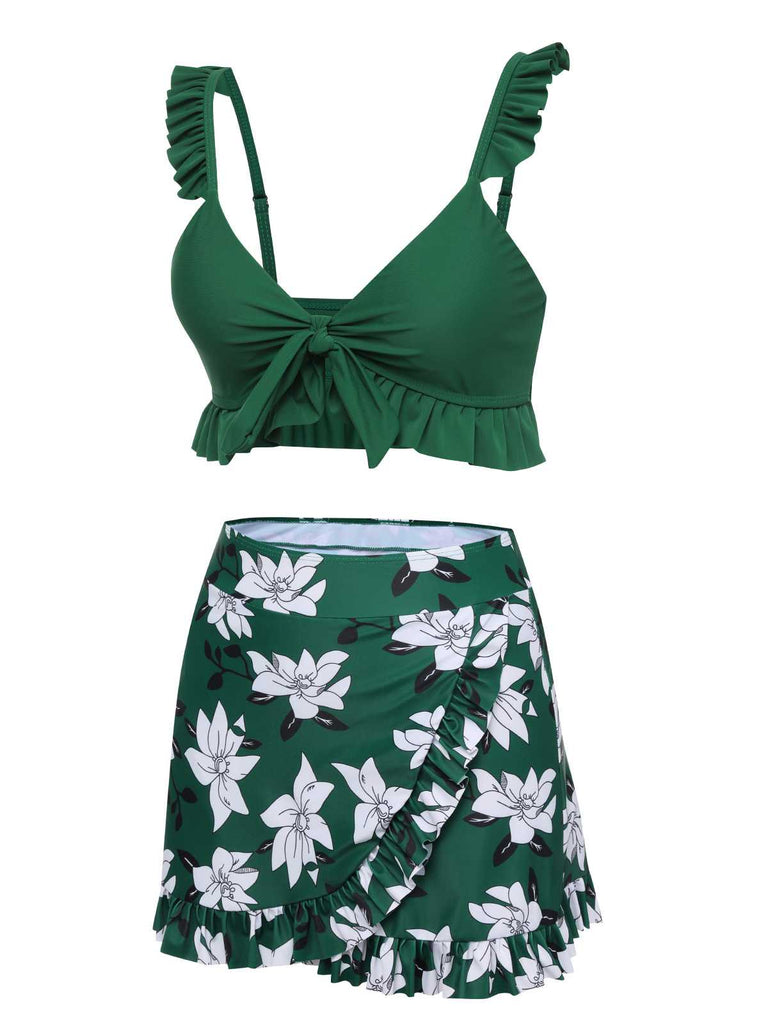 Green 1960s Strap Floral Ruffles Swimsuit