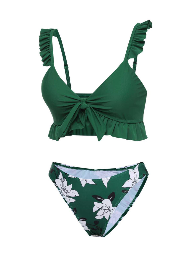 Green 1960s Strap Floral Ruffles Swimsuit
