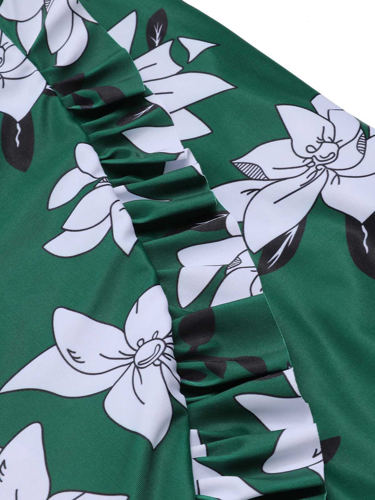 Green 1960s Strap Floral Ruffles Swimsuit